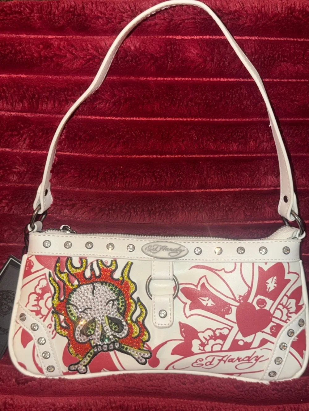 Ed Hardy White Shoulder Bag with Red Graphic and Crystal Skull Patch